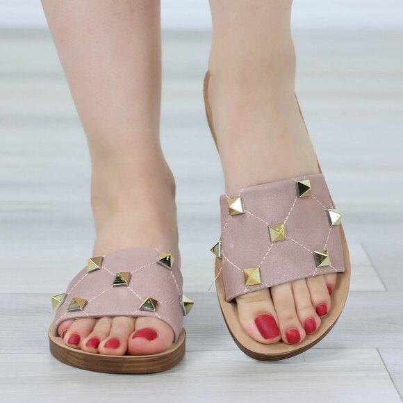 Blush Flat Comfort Flexible Sandal Slip On Sliders Trendy Gold Studs Glittery To - Picture 2 of 15